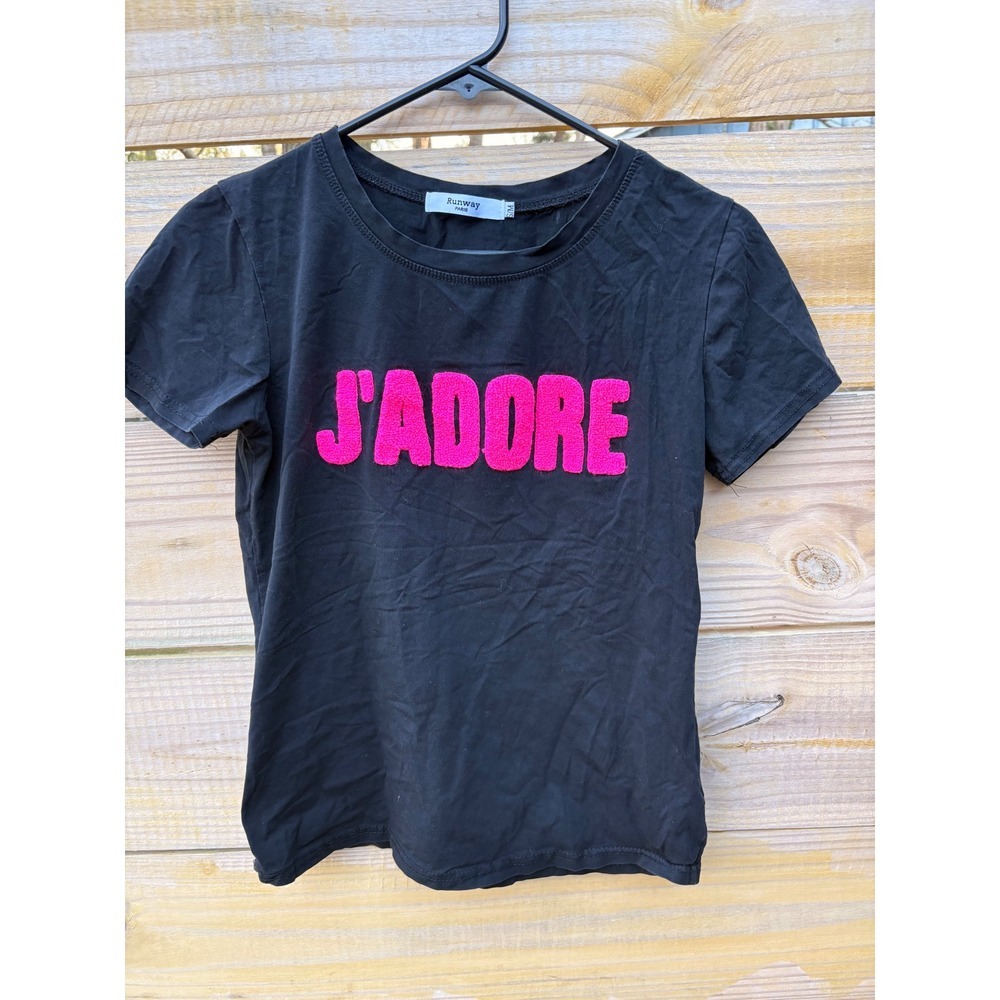 Runway Paris J'ADORE Graphic T-Shirt Black Pink Chenille Text Slim Fit S/M